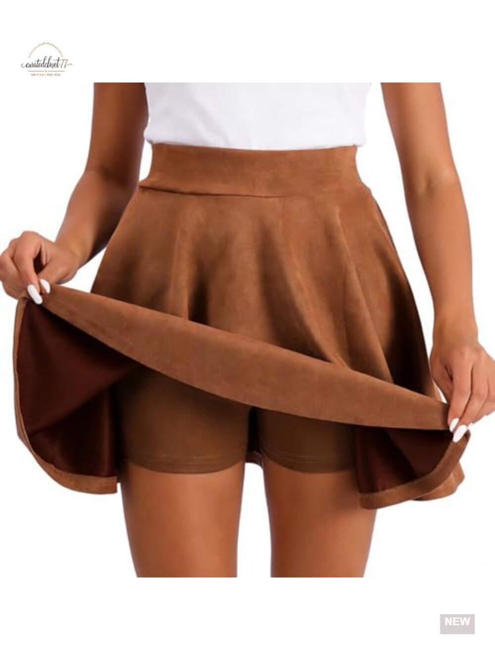 Suede Mini Skirt A-Line Pleated Skater with Built-In Shorts